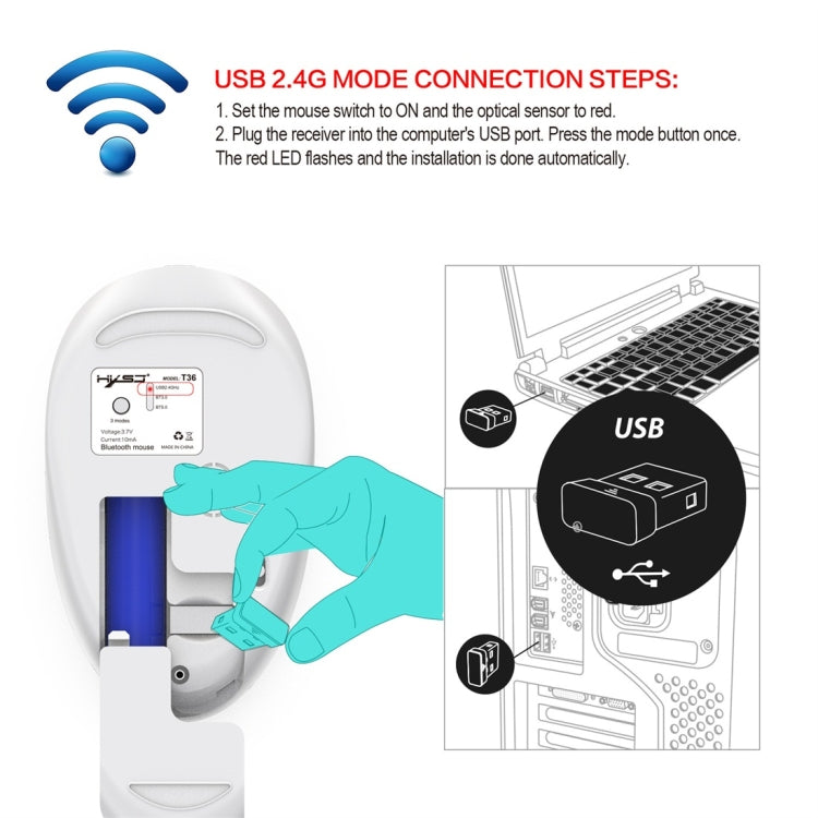 HXSJ T36 2.4G Bluetooth 5.0+3.0 Three-mode Silent Design Wireless Bluetooth Mouse (Silver) Eurekaonline