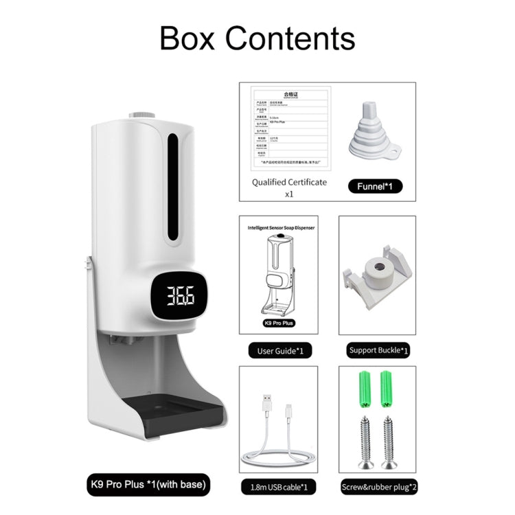 K9 Pro Plus Handsfree Non-contact Body Thermometer + 1000ml Automatic Non-contact Liquid Soap Dispenser with Base Mount, 15 Languages Voice Broadcast Eurekaonline