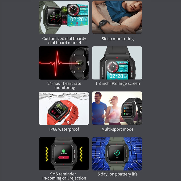 Lokmat FT10 1.3 inch IPS Touch Screen Waterproof Smart Watch, Support Music Play / Heart Rate / Blood Pressure Monitor(Green) Eurekaonline