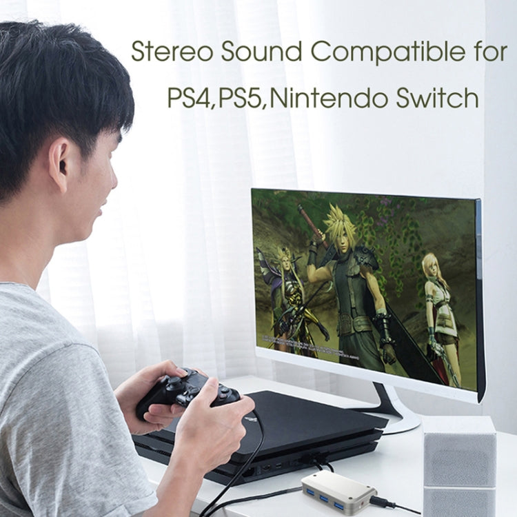 MB-103 USB 3.1 Three-Port Drive-Free HUB + 7.1 Voice Changer Sound Card High-Speed Docking Station, PS5 Voice Changer Sound Card Compatible with PS4 Headset, Cable Length: 1.2m(1 to 3) Eurekaonline