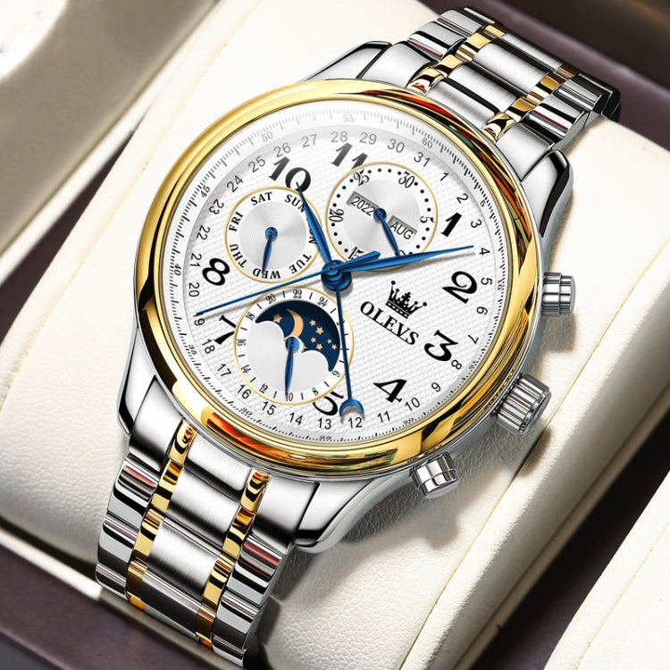 OLEVS 6667 Multifunction Waterproof Luminous Mechanical Men Watch(Steel Band+Gold White) Eurekaonline