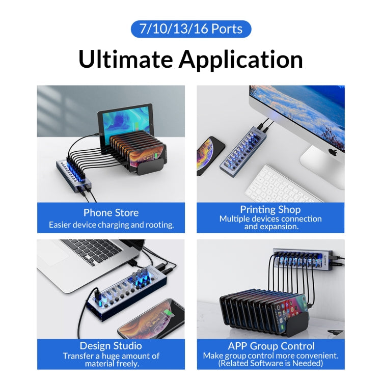ORICO AT2U3-7AB-GY-BP 7 In 1 Aluminum Alloy Multi-Port USB HUB with Individual Switches, UK Plug Eurekaonline