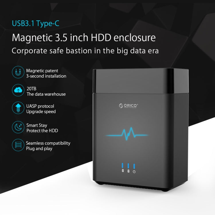 ORICO DS200C3 3.5 inch 2 Bay Magnetic-type USB-C / Type-C Hard Drive Enclosure with Blue LED Indicator(Black) Eurekaonline
