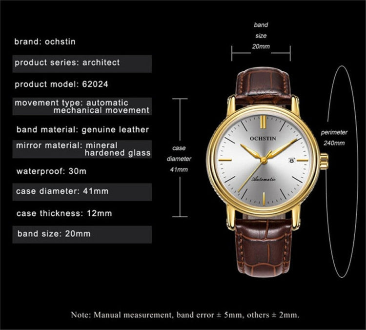 Ochstin 2024 Automatic Mechanical Watch Men Waterproof Calendar Leather Business Mechanical Men Watch(Silver Black) Eurekaonline