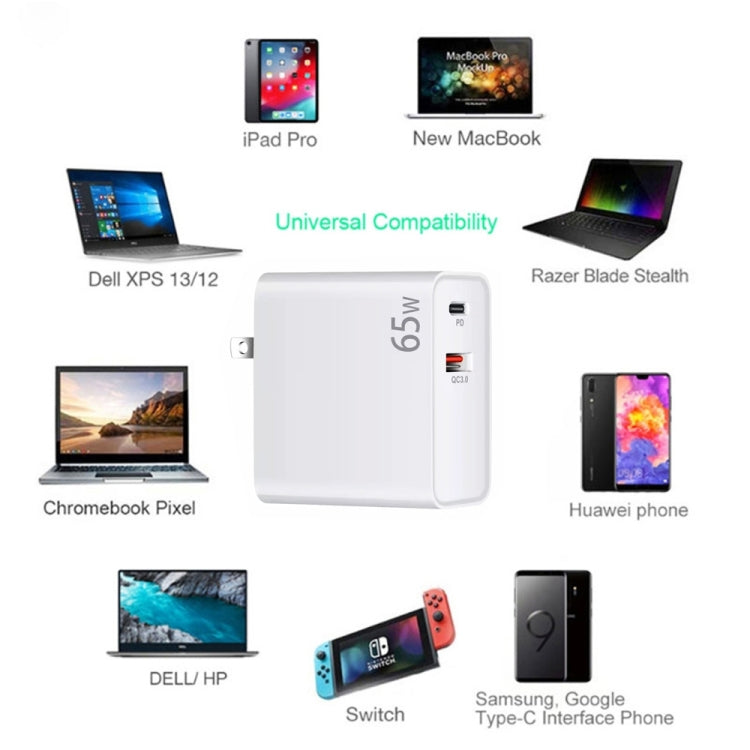 PD-65W USB-C / Type-C + QC3. 0 USB Laptop Charging Adapter + 1.8m USB-C / Type-C to MagSafe 2 / T Head Data Cable, UK Plug / US Plug(Black) Eurekaonline
