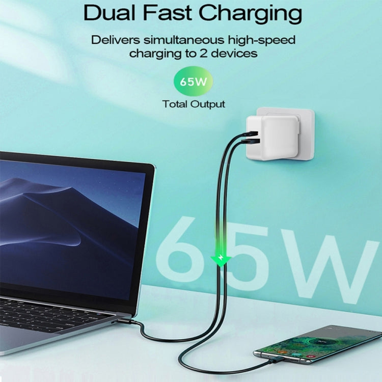 PD-65W USB-C / Type-C + QC3. 0 USB Laptop Charging Adapter + 1.8m USB-C / Type-C to MagSafe 2 / T Head Data Cable, UK Plug / US Plug(Black) Eurekaonline