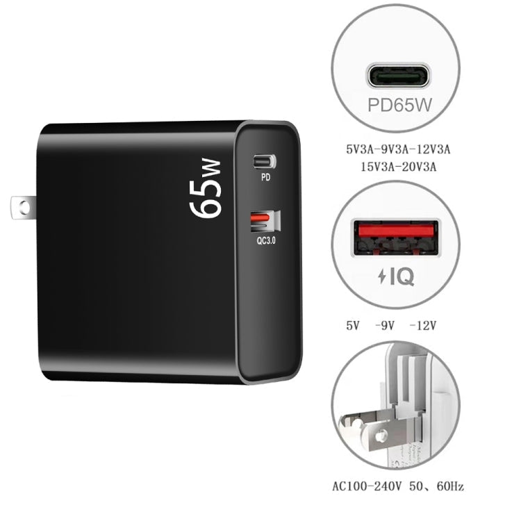 PD-65W USB-C / Type-C + QC3. 0 USB Laptop Charging Adapter, US Plug(Black) Eurekaonline