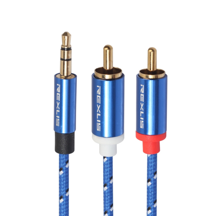 REXLIS 3610 3.5mm Male to Dual RCA Gold-plated Plug Blue Cotton Braided Audio Cable for RCA Input Interface Active Speaker, Length: 10m Eurekaonline