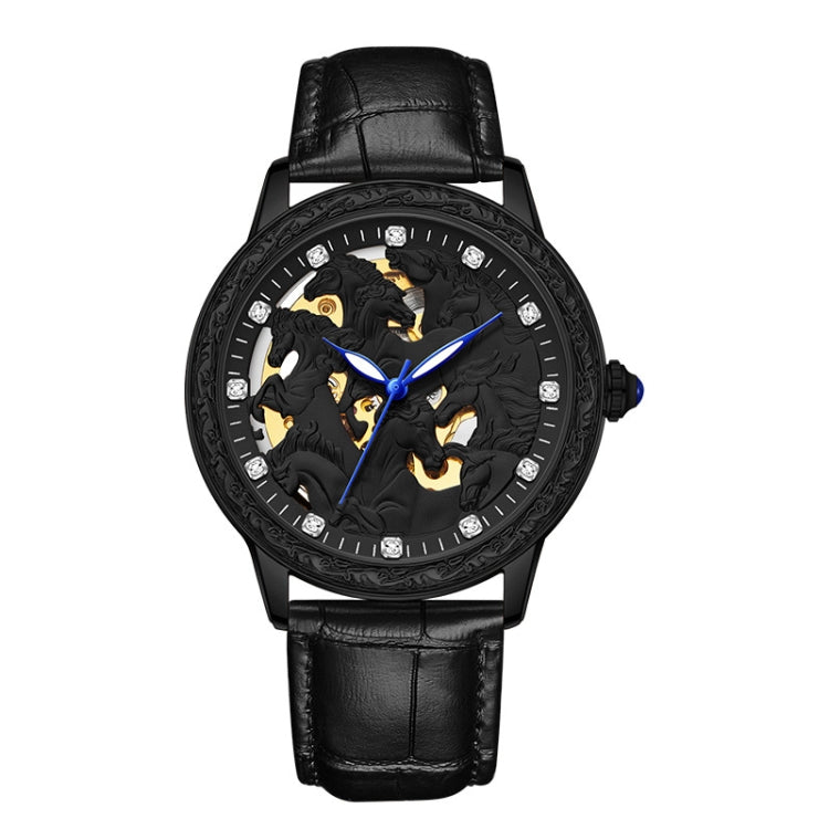 SANDA 7011 Leather Strap Luminous Waterproof Mechanical Watch(Black) Eurekaonline
