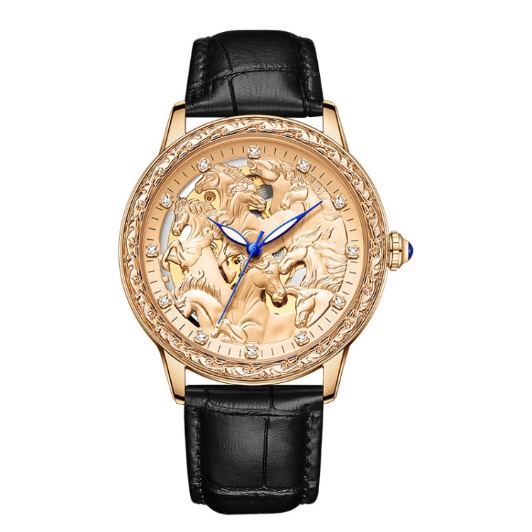 SANDA 7011 Leather Strap Luminous Waterproof Mechanical Watch(Black Rose Gold) Eurekaonline