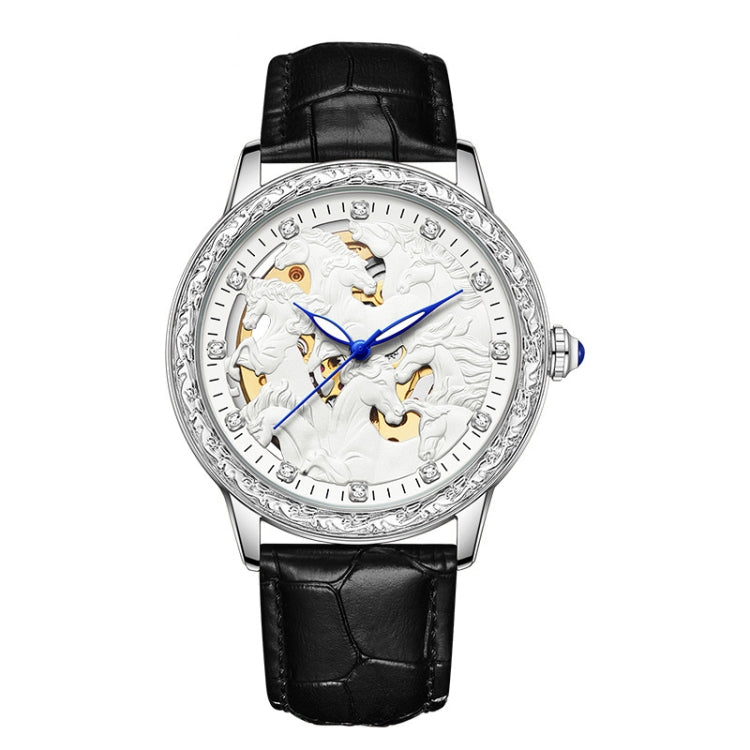 SANDA 7011 Leather Strap Luminous Waterproof Mechanical Watch(Black Silver) Eurekaonline