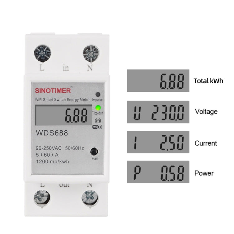 SINOTIMER WDS688 Smart WiFi Single-Phase Power Meter Mobile APP Home Rail Meter 5-60A 230V Eurekaonline