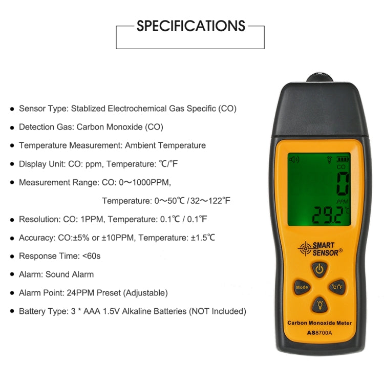 Smart Sensor AS8700A Handheld Carbon Monoxide Meter High Precision Digital CO Leak Detector Analyzer,  Sound  Light Alarm, Range: 0-1000ppm Eurekaonline