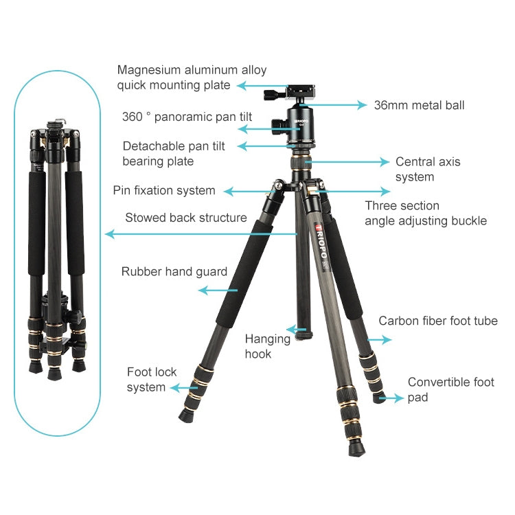 TRIOPO 853 Adjustable Portable Carbon Fiber Tripod with D2-A Ball Head for SLR Camera Eurekaonline