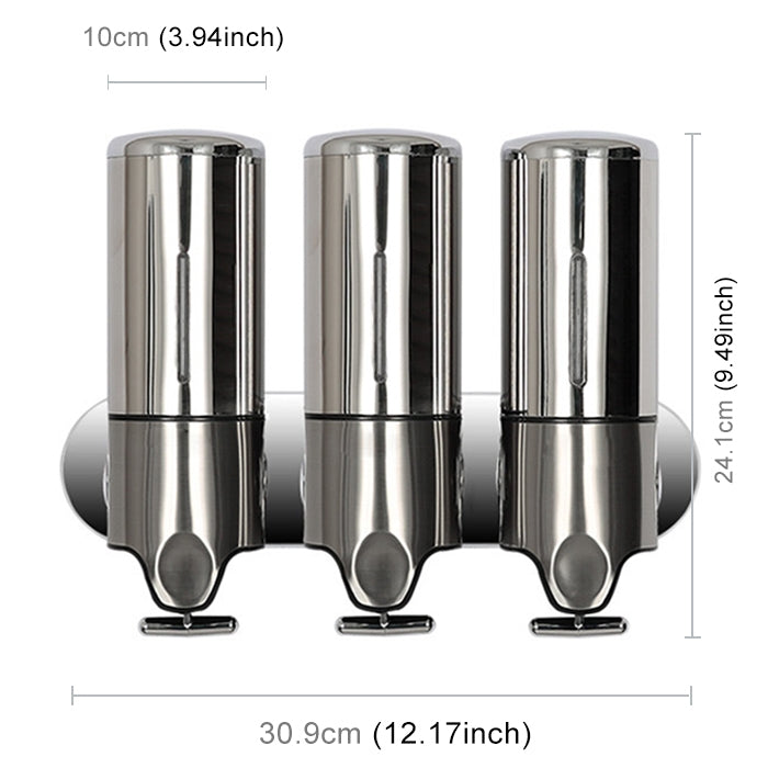 Triple Hotel Shower Manual Dispenser Wall Mounted Washing Liquid Shampoo Soap Bottle, Capacity: 1200ml (Stainless Steel) Eurekaonline