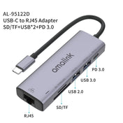 amalink 95122D Type-C / USB-C to RJ45 + 2 Ports USB + PD 3.0 Multi-function HUB(Grey) Eurekaonline