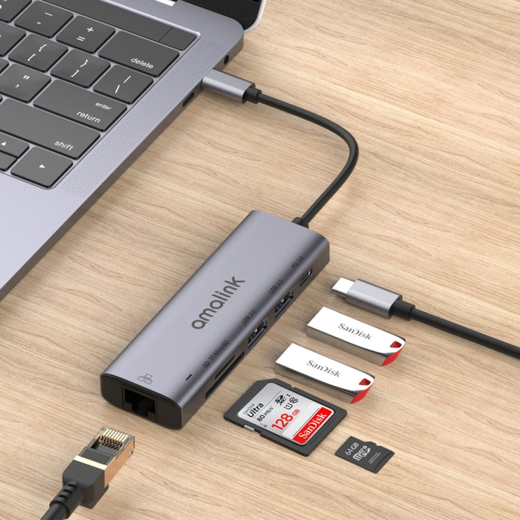 amalink 95122D Type-C / USB-C to RJ45 + 2 Ports USB + PD 3.0 Multi-function HUB(Grey) Eurekaonline