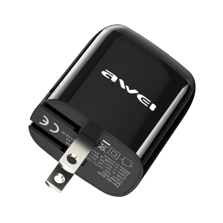 awei PD3 20W PD Type-C + QC 3.0 USB Interface Fast Charging Travel Charger with Data Cable, US Plug Eurekaonline