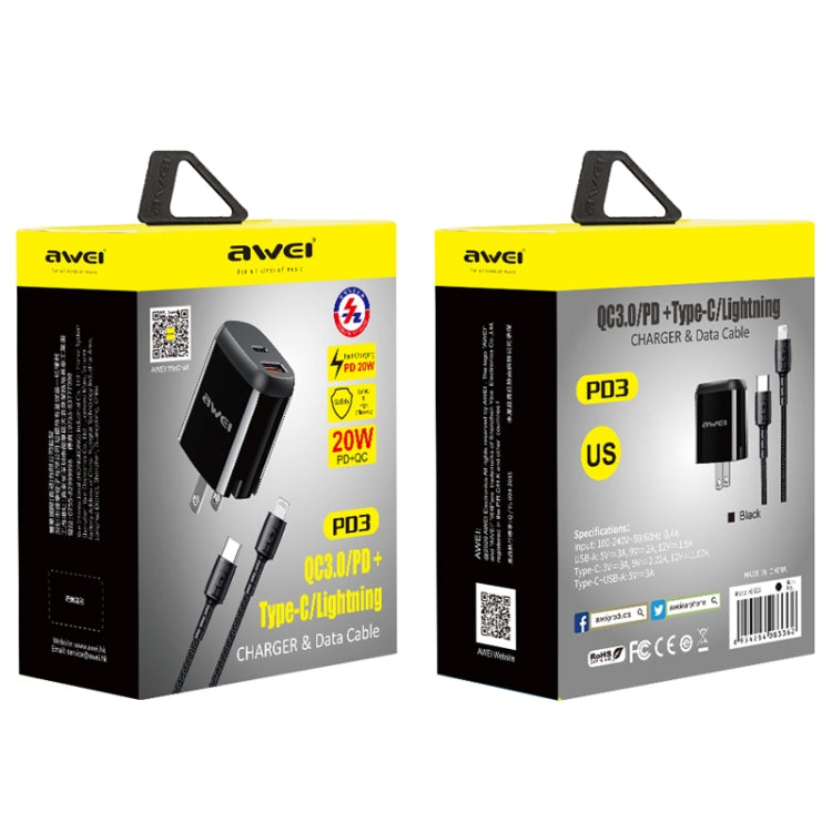 awei PD3 20W PD Type-C + QC 3.0 USB Interface Fast Charging Travel Charger with Data Cable, US Plug Eurekaonline