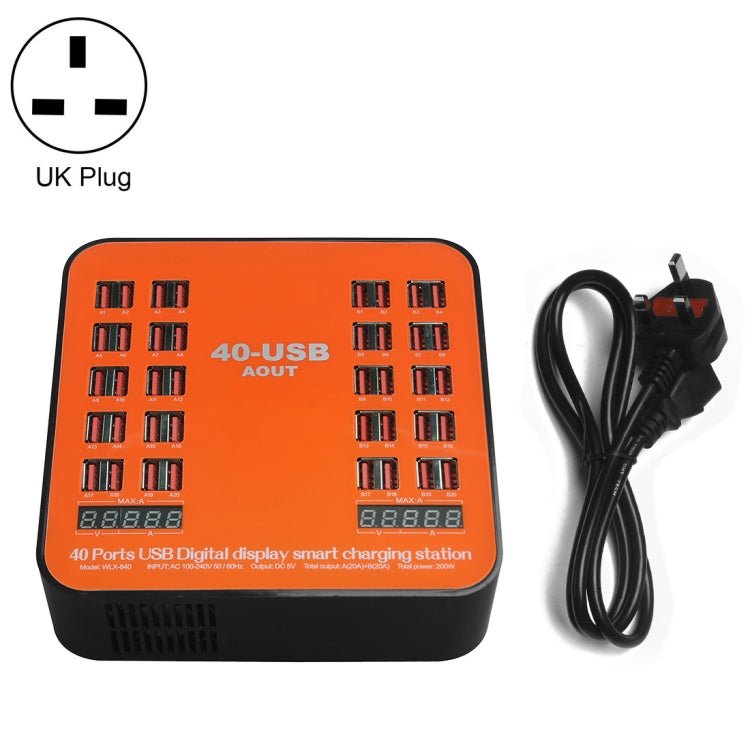 WLX-840 200W 40 Ports USB Digital Display Smart Charging Station AC100-240V, UK Plug (Black+Orange) - Eurekaonline