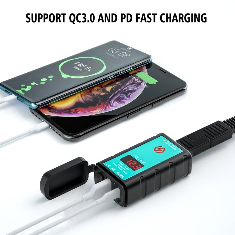 WUPP ZH-1422B2 DC12-24V Motorcycle Square Single USB + PD Fast Charging Charger with Switch + Voltmeter + Integrated SAE Socket + 1m SAE Socket Cable - Eurekaonline