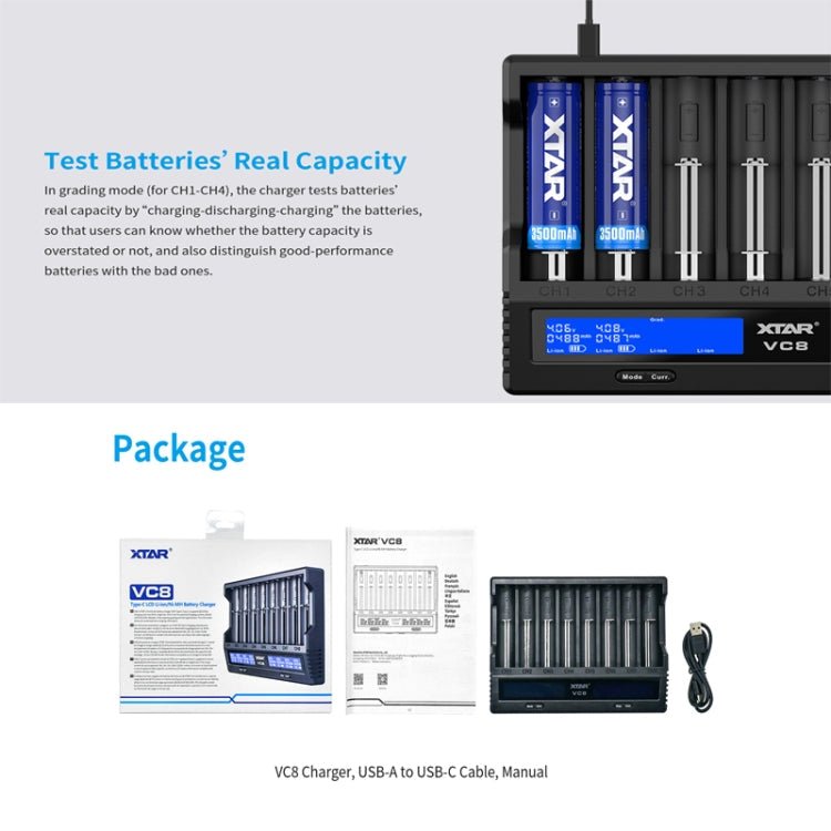 XTAR 8-Slot Battery Charger LCD Display Charger QC3.0 Type C Fast Charger for 21700 / 18650 Battery, Model: VC8 - Eurekaonline