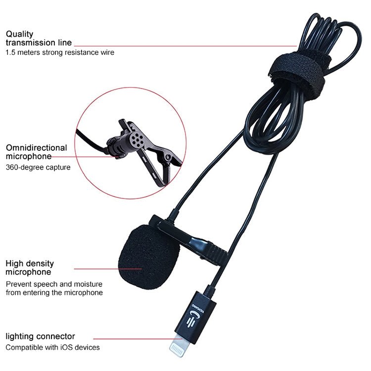 YICHUANG YC-LM10II 8 Pin Port Intelligent Noise Reduction Condenser Lavalier Microphone, Cable Length: 1.5m - Eurekaonline