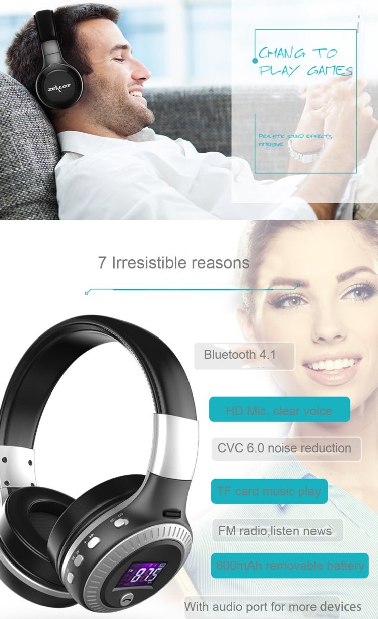 Zealot B19 Folding Headband Bluetooth Stereo Music Headset with Display for iPhone, Galaxy, Huawei, Xiaomi, LG, HTC and Other Smart Phones(Grey) - Eurekaonline
