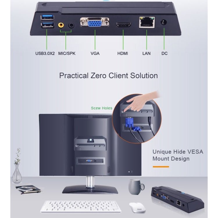 Zero Client R1 Mini PC, CORTEX QUAD A9 Quad Core up to 1.6GHz, RAM: 1GB, ROM: 8GB, Support HDMI, VGA, RJ45, SPK - Eurekaonline